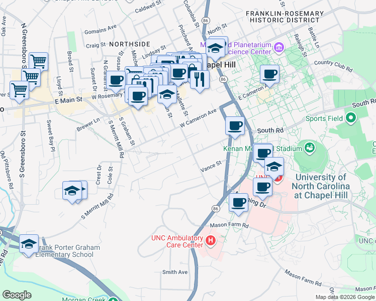 map of restaurants, bars, coffee shops, grocery stores, and more near in Chapel Hill