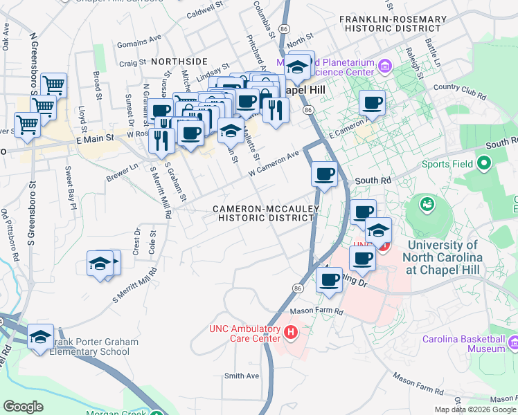 map of restaurants, bars, coffee shops, grocery stores, and more near 312 McCauley Street in Chapel Hill