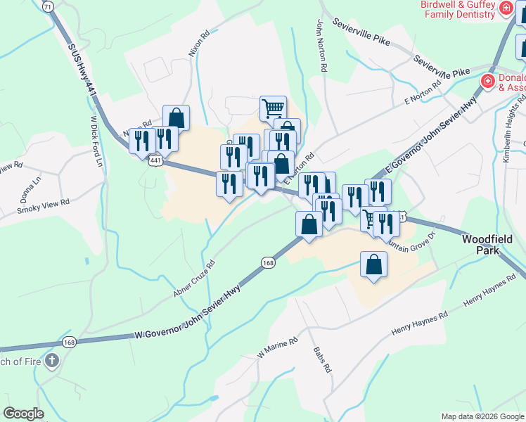 map of restaurants, bars, coffee shops, grocery stores, and more near 113 Abner Cruze Road in Knoxville