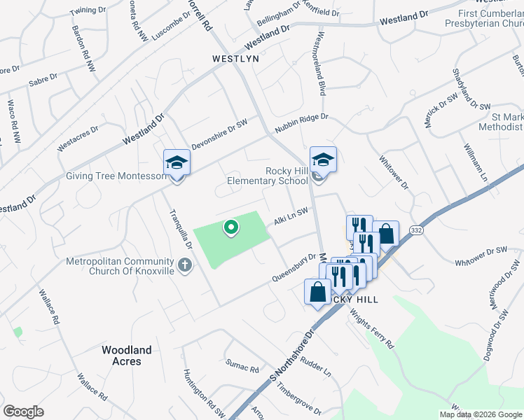 map of restaurants, bars, coffee shops, grocery stores, and more near 7631 Alki Lane Southwest in Knoxville