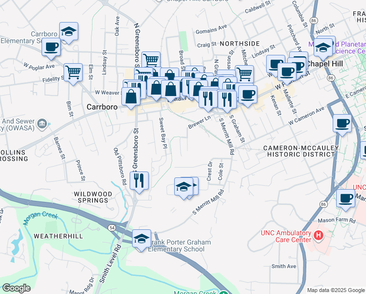 map of restaurants, bars, coffee shops, grocery stores, and more near 101 Eugene Street in Carrboro