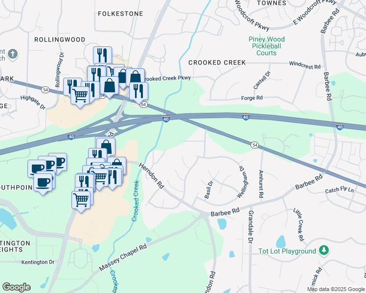 map of restaurants, bars, coffee shops, grocery stores, and more near 6519 Loganbury Drive in Durham