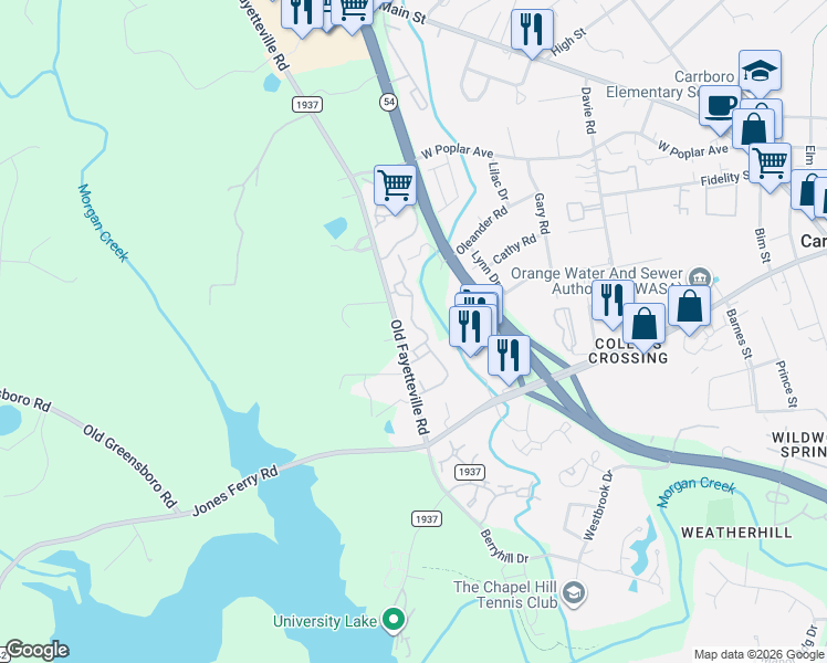 map of restaurants, bars, coffee shops, grocery stores, and more near 222 Old Fayetteville Road in Carrboro
