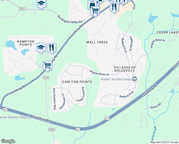 map of restaurants, bars, coffee shops, grocery stores, and more near 232 Virginia Water Drive in Rolesville