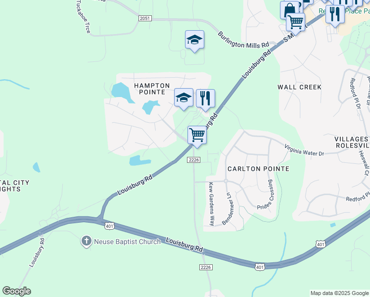 map of restaurants, bars, coffee shops, grocery stores, and more near 9412 Louisburg Road in Wake Forest