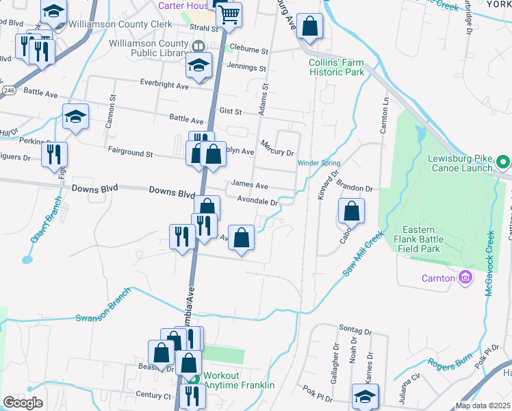 map of restaurants, bars, coffee shops, grocery stores, and more near 306 Avondale Drive in Franklin