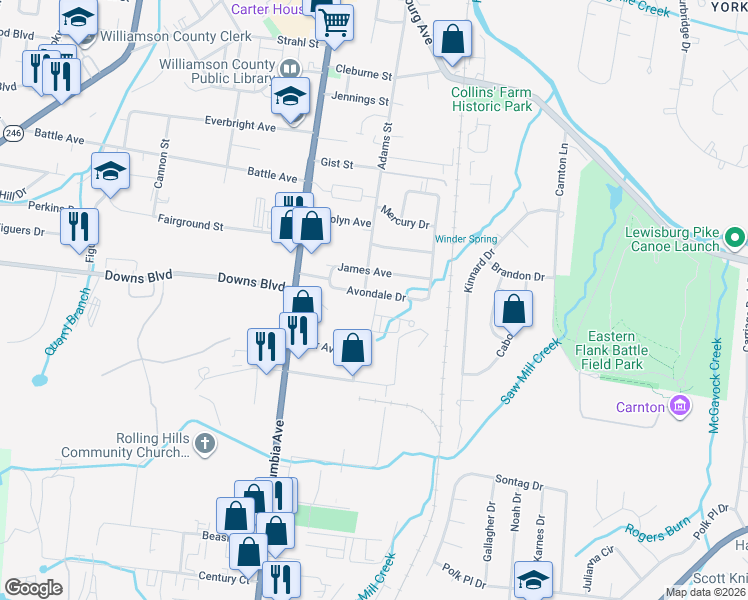map of restaurants, bars, coffee shops, grocery stores, and more near 302 Avondale Drive in Franklin