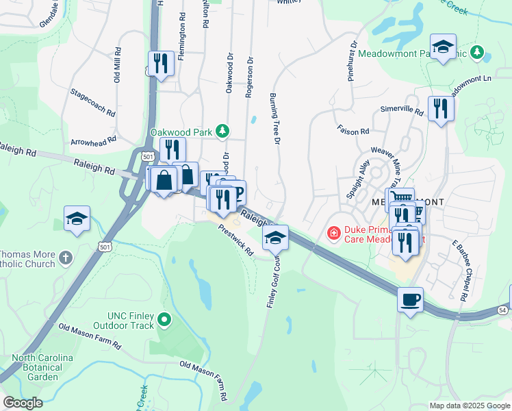 map of restaurants, bars, coffee shops, grocery stores, and more near 505 Oak Tree Drive in Chapel Hill