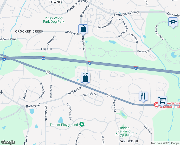 map of restaurants, bars, coffee shops, grocery stores, and more near 6452 Barbee Road in Durham