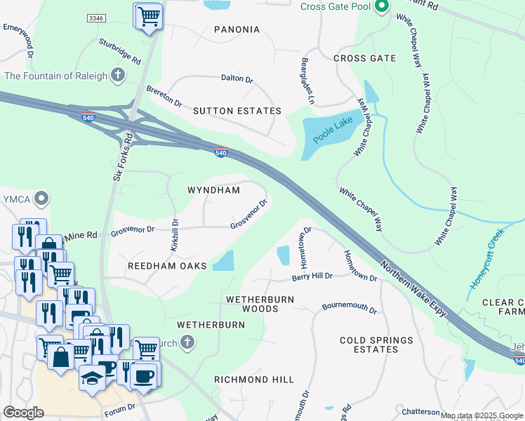 map of restaurants, bars, coffee shops, grocery stores, and more near 416 Grosvenor Drive in Raleigh