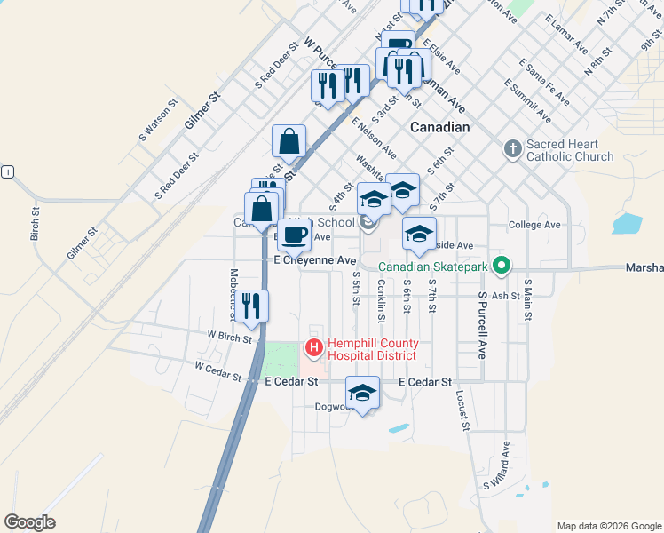 map of restaurants, bars, coffee shops, grocery stores, and more near 801 South 4th Street in Canadian