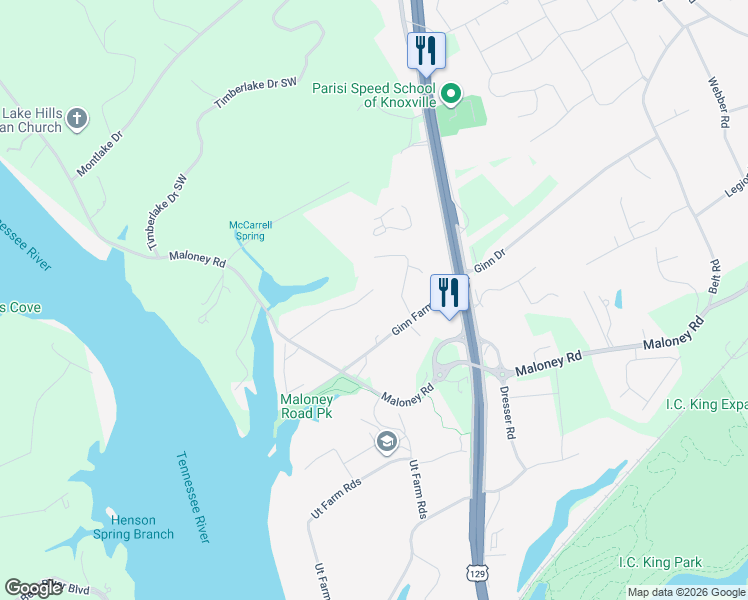 map of restaurants, bars, coffee shops, grocery stores, and more near 3507 Ginn Farm Drive in Knoxville