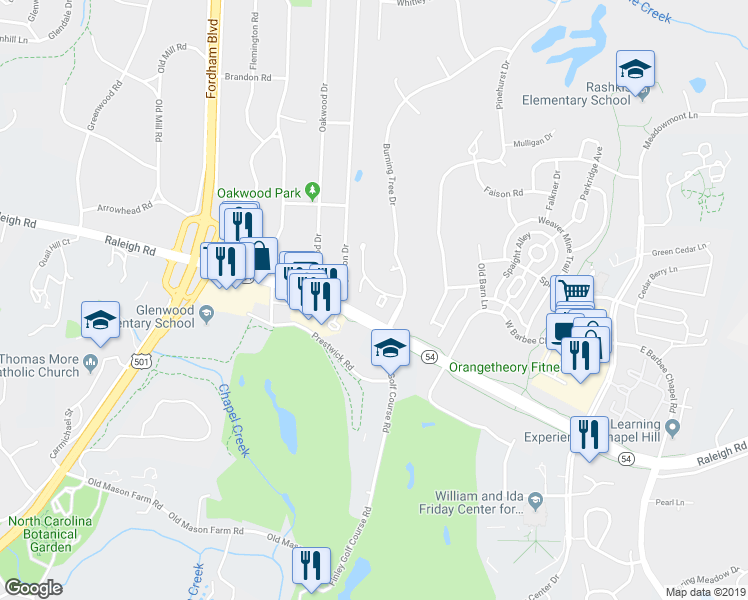 map of restaurants, bars, coffee shops, grocery stores, and more near 306 Oak Tree Drive in Chapel Hill