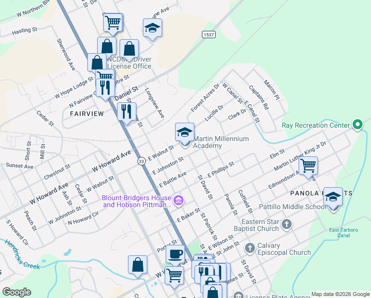 map of restaurants, bars, coffee shops, grocery stores, and more near 398 East Johnston Street in Tarboro