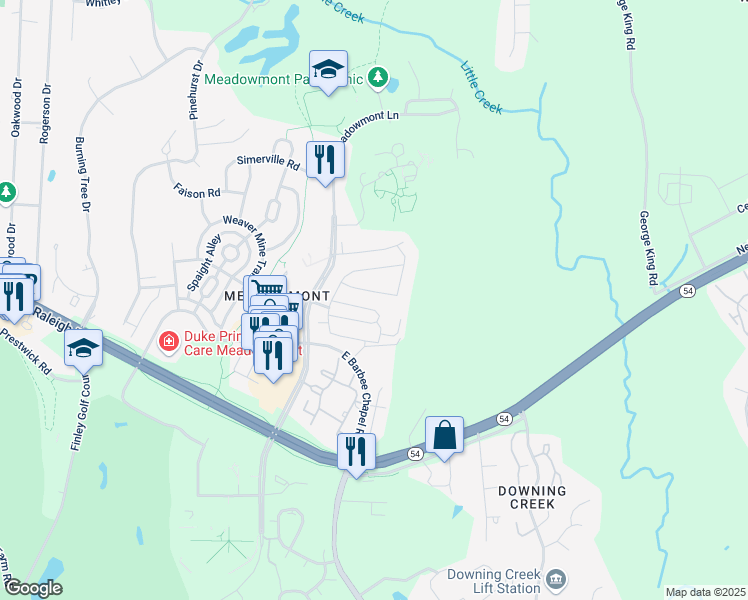 map of restaurants, bars, coffee shops, grocery stores, and more near 200 Cedar Club Circle in Chapel Hill