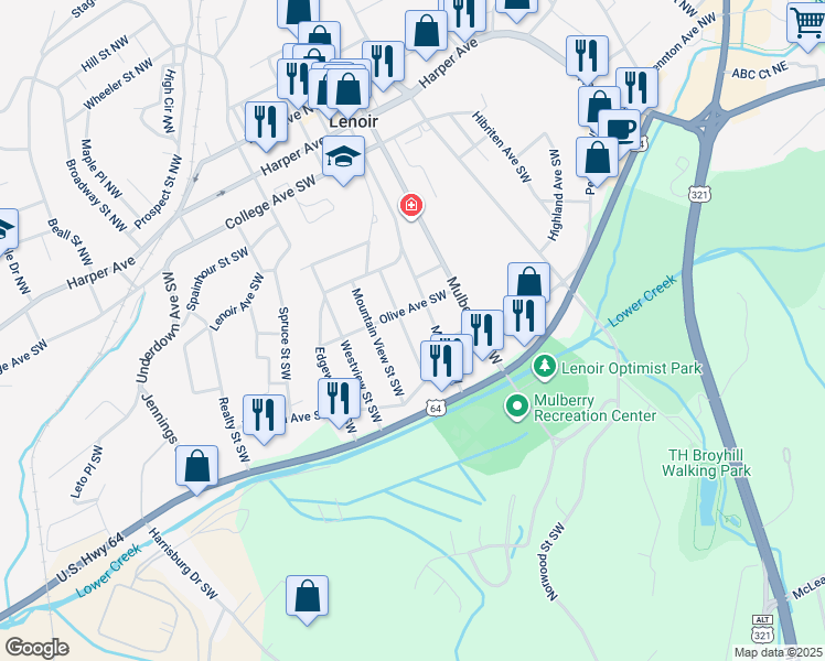 map of restaurants, bars, coffee shops, grocery stores, and more near 514 Kentwood Street Southwest in Lenoir