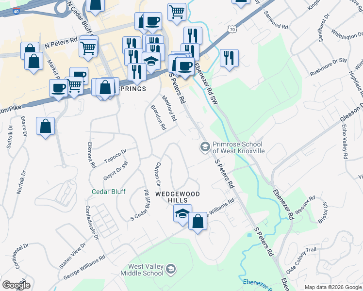map of restaurants, bars, coffee shops, grocery stores, and more near 9004 Carlton Circle in Knoxville
