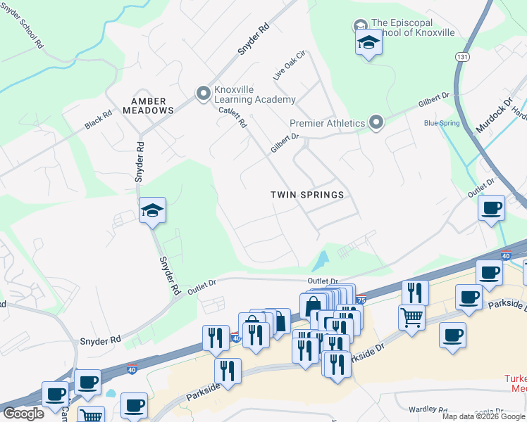 map of restaurants, bars, coffee shops, grocery stores, and more near 11420 Hickory Springs Drive in Knoxville