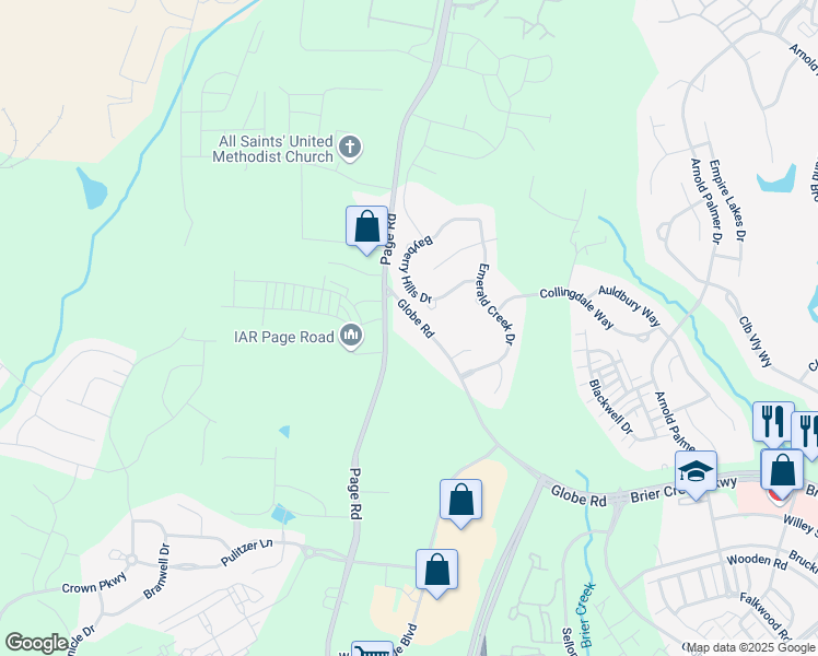 map of restaurants, bars, coffee shops, grocery stores, and more near 3020 Globe Road in Morrisville