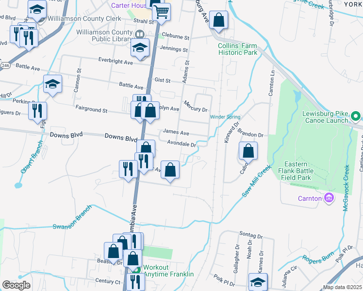 map of restaurants, bars, coffee shops, grocery stores, and more near 302 Avondale Drive in Franklin