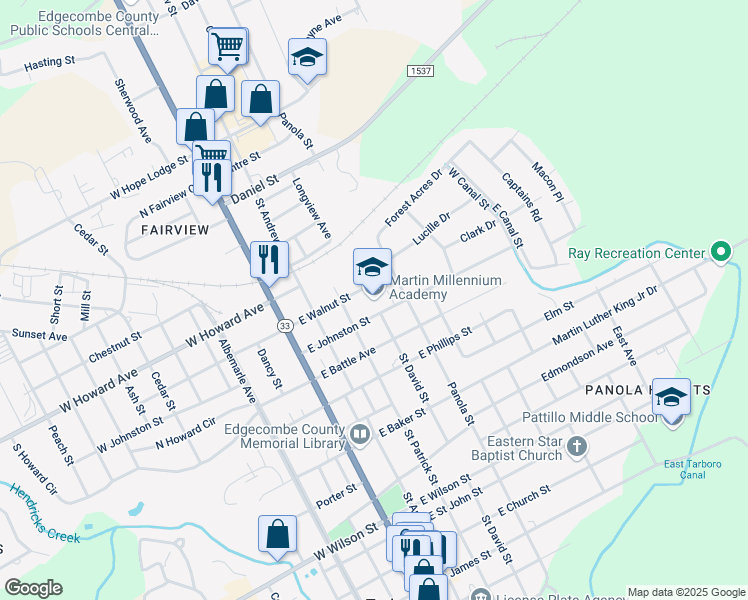 map of restaurants, bars, coffee shops, grocery stores, and more near 400 East Johnston Street in Tarboro