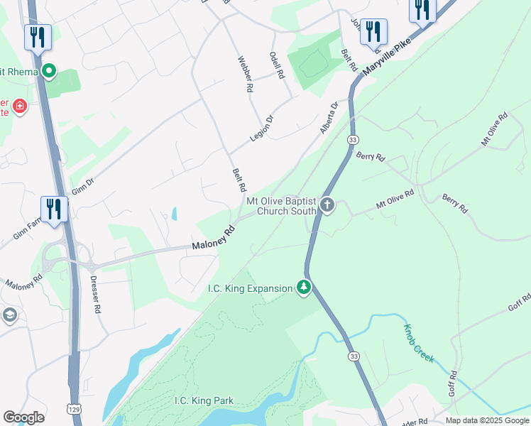 map of restaurants, bars, coffee shops, grocery stores, and more near 2616 Maloney Road in Knoxville