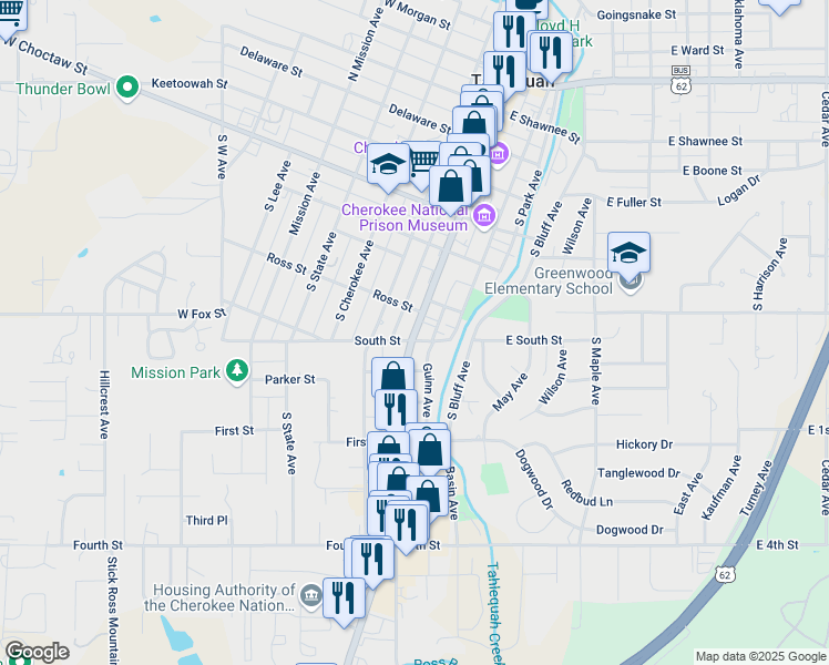 map of restaurants, bars, coffee shops, grocery stores, and more near South Muskogee Avenue in Tahlequah