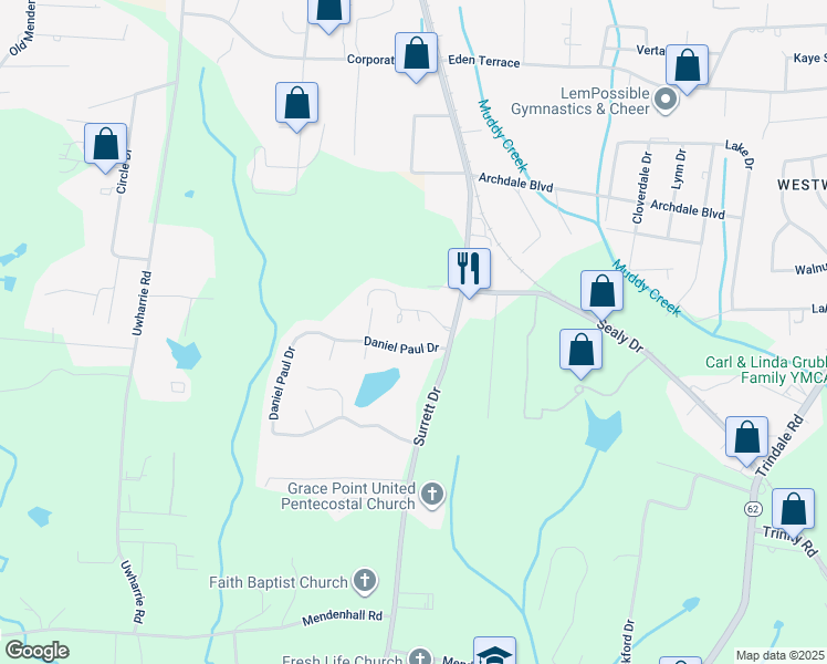 map of restaurants, bars, coffee shops, grocery stores, and more near 116 Cardinal Place in Archdale