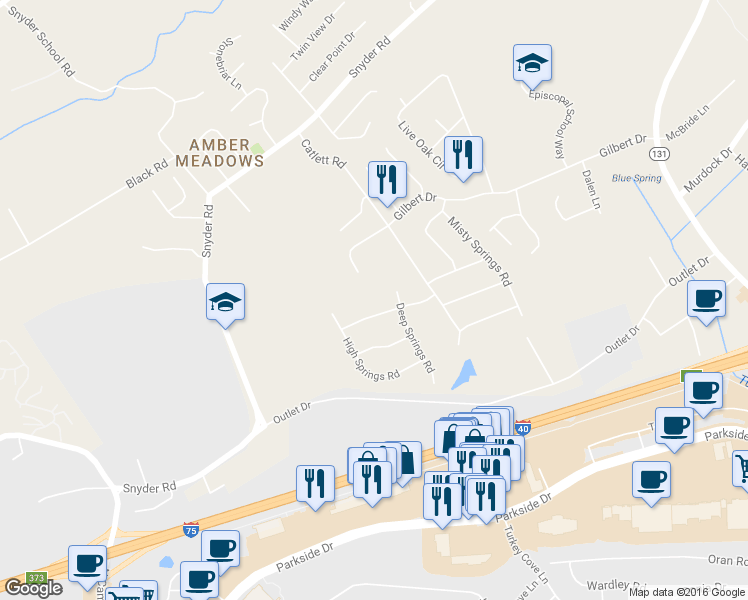 map of restaurants, bars, coffee shops, grocery stores, and more near 11420 Hickory Springs Drive in Knoxville