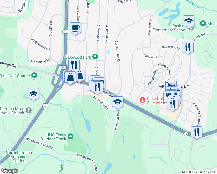 map of restaurants, bars, coffee shops, grocery stores, and more near 505 Oak Tree Drive in Chapel Hill