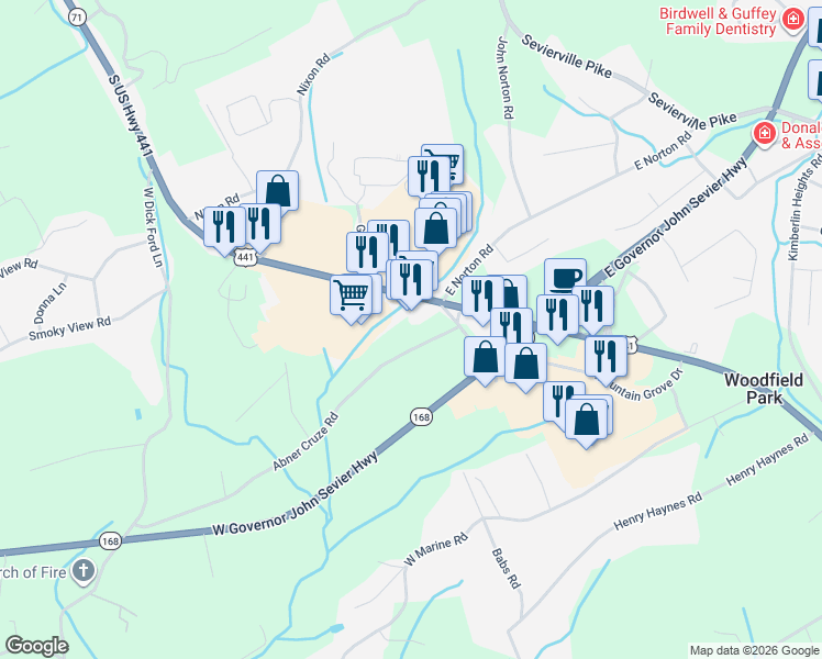 map of restaurants, bars, coffee shops, grocery stores, and more near 111 Abner Cruze Road in Knoxville