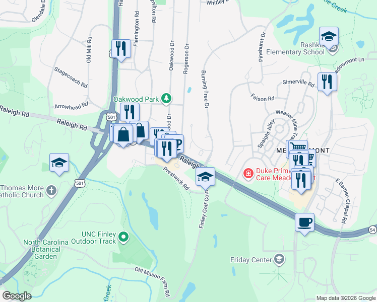 map of restaurants, bars, coffee shops, grocery stores, and more near 505 Oak Tree Drive in Chapel Hill
