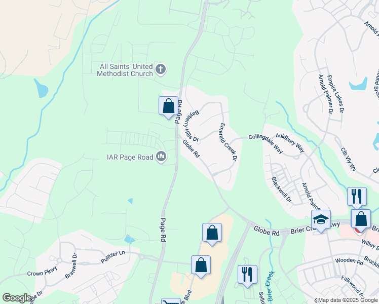 map of restaurants, bars, coffee shops, grocery stores, and more near 3020 Globe Road in Morrisville