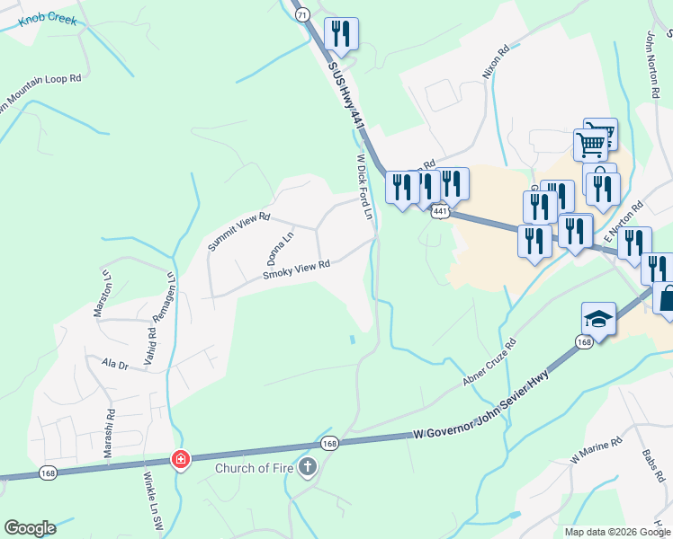 map of restaurants, bars, coffee shops, grocery stores, and more near 7317 West Dick Ford Lane in Knoxville