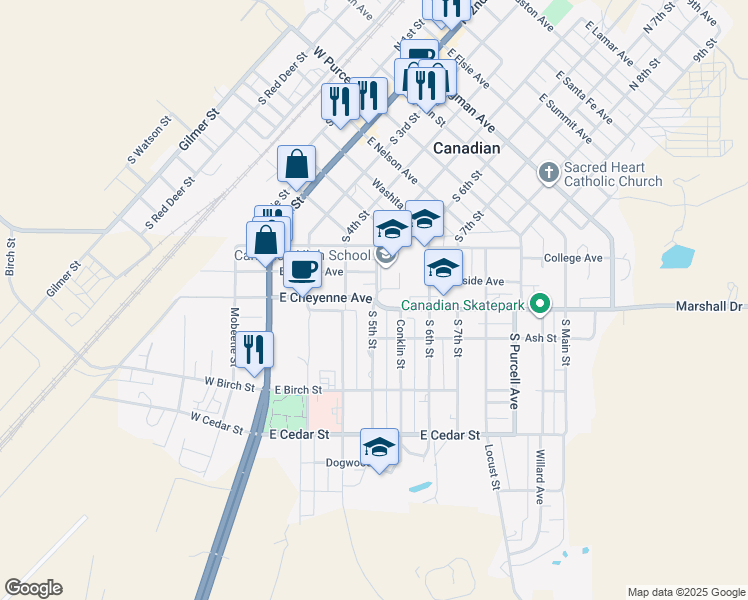 map of restaurants, bars, coffee shops, grocery stores, and more near 723 East Cheyenne Avenue in Canadian