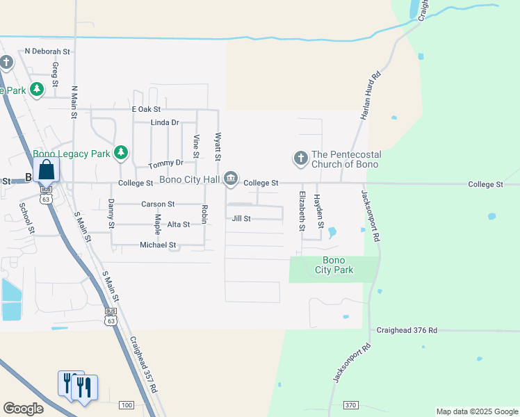 map of restaurants, bars, coffee shops, grocery stores, and more near 601 Lisa Lane in Bono