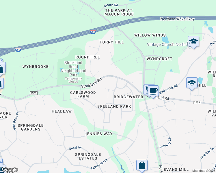 map of restaurants, bars, coffee shops, grocery stores, and more near 9021 Admaston Drive in Raleigh