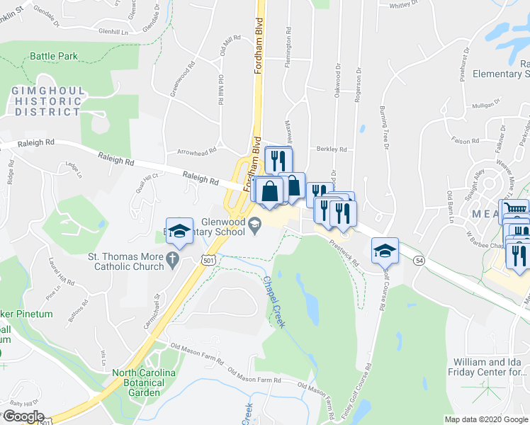 map of restaurants, bars, coffee shops, grocery stores, and more near 99 Prestwick Road in Chapel Hill