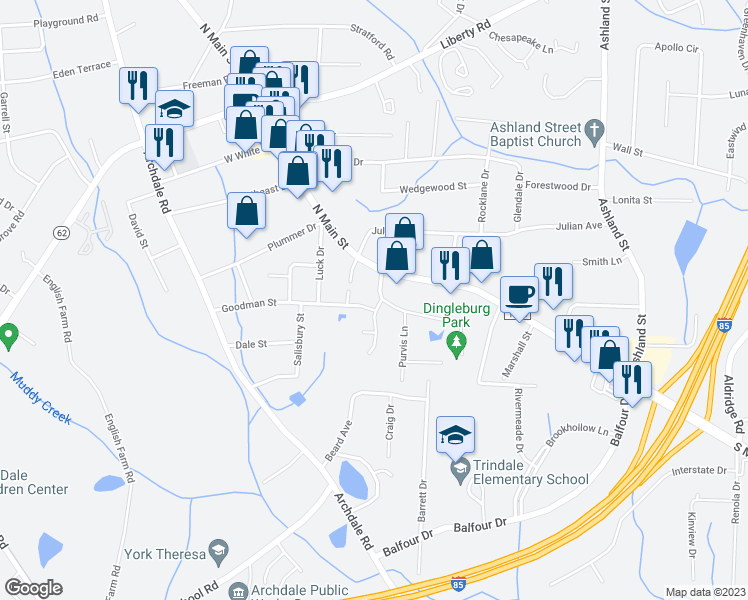 map of restaurants, bars, coffee shops, grocery stores, and more near 1708 Brittany Way in Archdale