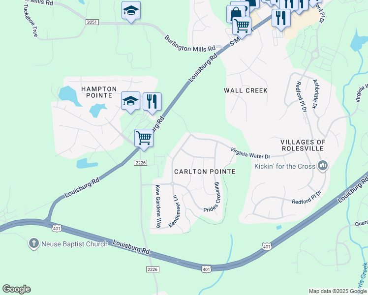 map of restaurants, bars, coffee shops, grocery stores, and more near 301 Marshcroft Way in Rolesville