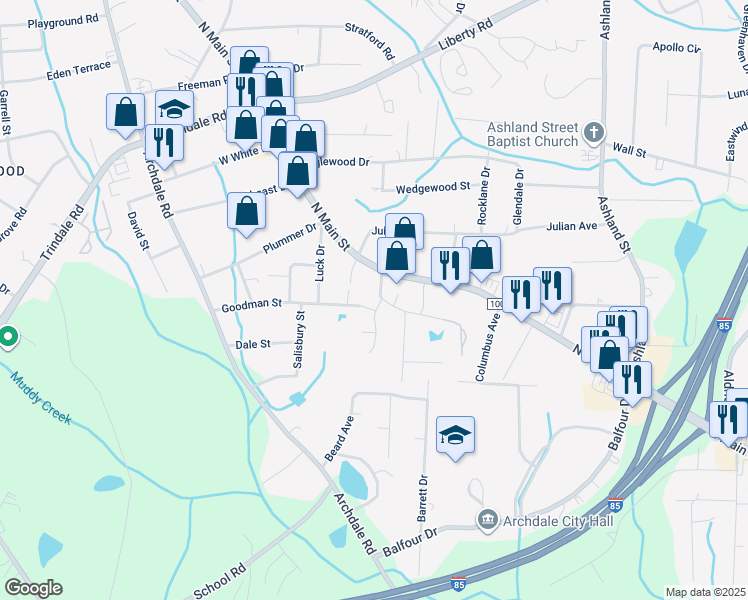 map of restaurants, bars, coffee shops, grocery stores, and more near 1708 Brittany Way in Archdale