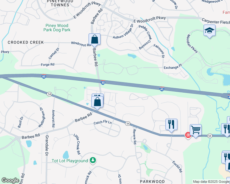 map of restaurants, bars, coffee shops, grocery stores, and more near 1215 Nightshade Drive in Durham