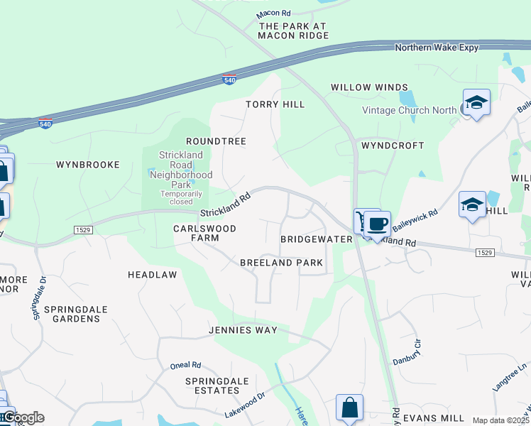 map of restaurants, bars, coffee shops, grocery stores, and more near 9021 Admaston Drive in Raleigh