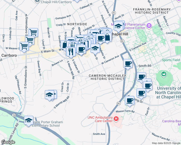 map of restaurants, bars, coffee shops, grocery stores, and more near 427 West Cameron Avenue in Chapel Hill