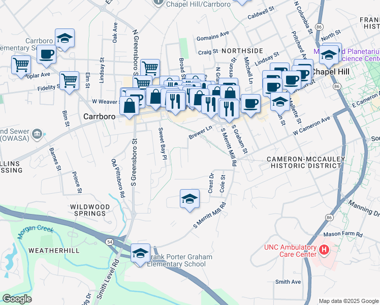 map of restaurants, bars, coffee shops, grocery stores, and more near 103 Hargraves Street in Carrboro