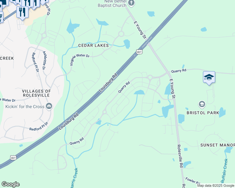 map of restaurants, bars, coffee shops, grocery stores, and more near 1006 Rolesville Road in Wake Forest