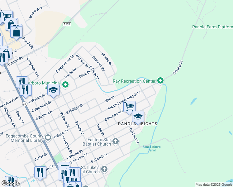 map of restaurants, bars, coffee shops, grocery stores, and more near 1008 Elm Street in Tarboro