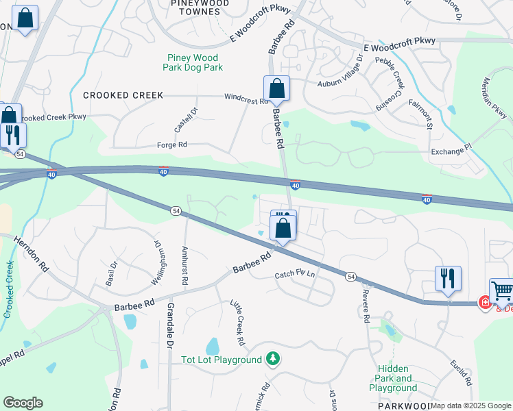 map of restaurants, bars, coffee shops, grocery stores, and more near 3109 Dunnock Drive in Durham