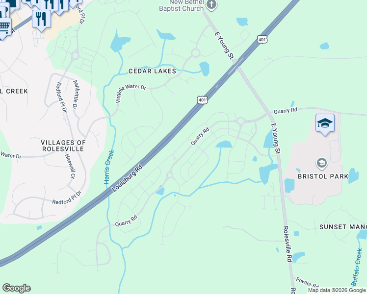 map of restaurants, bars, coffee shops, grocery stores, and more near 1006 Rolesville Road in Wake Forest