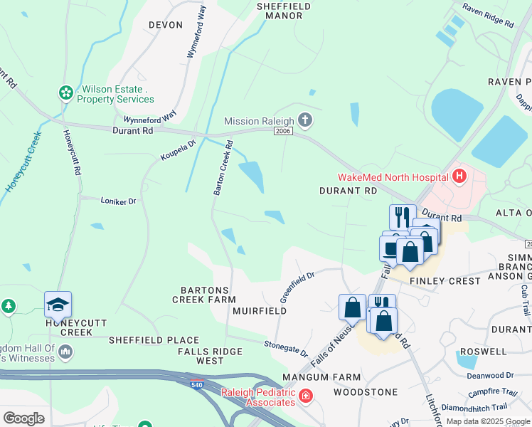 map of restaurants, bars, coffee shops, grocery stores, and more near 9506 Barton Creek Road in Raleigh